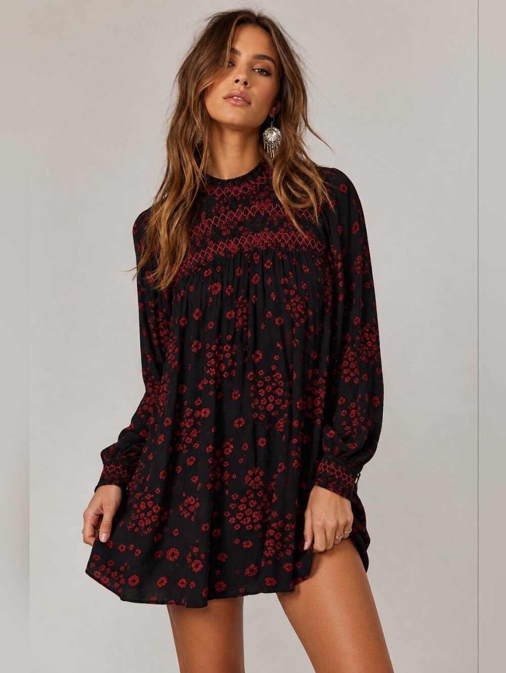 Free People Black & Red Smocked Floral Mini Dress Boho Peasant Tunic S
